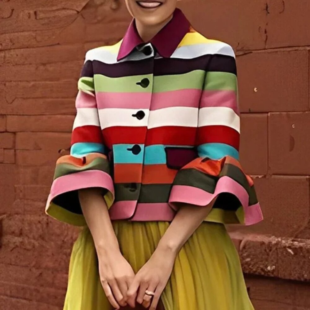 Vintage Elegant Multi-Colored Striped Lapel Jackets